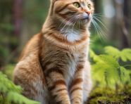 A photo of a redhead cat sitting forest, animal in nature photography