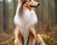 A photo of a shetland sheepdog sitting forest, animal in nature photography