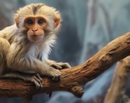 A photo of a macaque monkey sitting on a tree branch in the forest, animal in nature photography