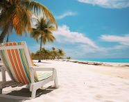 A white sandy tropical beach near palms and palm trees has lounge chairs, beaches stock images for travel websites