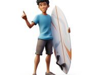 A photo of a fun asian teenager with a surfboard, cartoon character and illustration