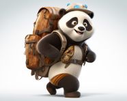 Panda cartoon with backpack strapped to his back with a backpack and hat, cartoon character and illustration