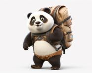 Panda cartoon with backpack strapped to his back with a backpack and hat