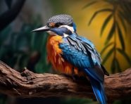 A photo of a colorful kingfisher bird sitting on a tree branch, royalty-free bird stock image
