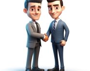 A photo of a businessman cartoon character shaking hands with his business partner, cartoon character and illustration