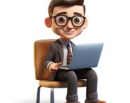 A photo of a cute young businessman character cartoon with a chair using a laptop computer, cartoon character and illustration