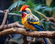 A photo of a colorful bird with a golden crown sitting on a tree branch in the outdoor jungle, royalty-free bird stock image