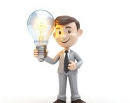 A photo of a businessman is holding a light bulb with the word light on, cartoon character and illustration