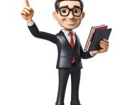 A photo of a cartoon businessman with glasses and is holding a book and pointing up, cartoon character and illustration