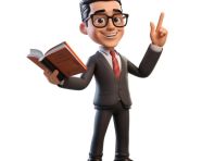 A photo of a cartoon businessman with glasses and is holding a book and pointing up