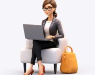 A photo of a cartoon businesswoman sitting in a chair working on a laptop, cartoon character and illustration