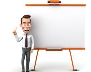 A photo of a businessman cartoon character with a large whiteboard that explain plan, cartoon character and illustration