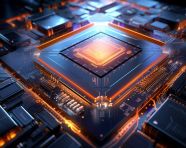 A photo of a glowing computer chip izes modern technology innovation, finance stock photo