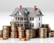 A stack of coins with a house on top on white background, home loan stock image