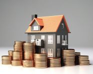 A stack of coins with a house on top on white background 3d render, home loan stock image