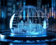 A photo of a glass dome digital blue, finance stock photo