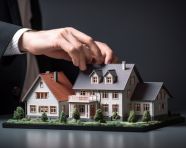 A photo of a concept of mortgage by house in hand