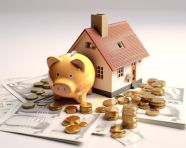 A photo of a investment in real estate saving money to buy a new home with note on white background, home loan stock image