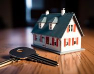 A photo of a small house with a key on a table, home loan stock image