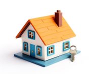 A photo of a small house with a key on a table on white background, home loan stock image