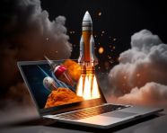 A photo of a digital seo laptop with a rocket taking off concept of earning money online working in digital business entrepreneurshipcryptocurrency investment digital marketing, finance stock photo