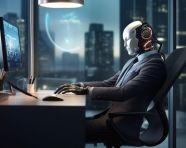 3d rendering humanoid robot working in modern office with computer on table