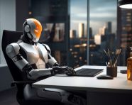 A photo of a 3d rendering humanoid robot working in modern office with computer on table, finance stock photo