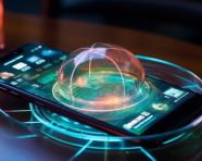 A photo of a phone on the table of the future transparent invisible mobile hologram transparent circle glass ball graph artificial intelligence metaverse and digital technology innovative future data network, finance stock photo