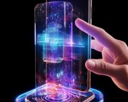 A photo of a hologram transparent glass display with a coming out of mobile digital tranparent glob, finance stock photo