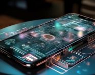 A photo of a phone on the table of the future transparent invisible mobile hologram graph artificial intelligence metaverse and digital technology innovative future data network, finance stock photo