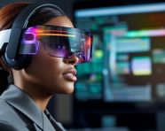 A photo of a woman using digital ar augmented reality glasses headset at the office, finance stock photo