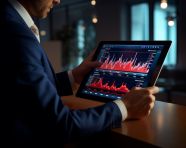 Businessman touching a tablet computer screen with business graphs, seo stock images for marketing campaigns