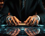 Businessman using a laptop on the desk and using laptop touch interface stock photo, seo stock images for marketing campaigns