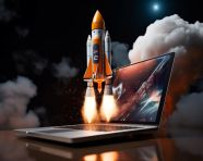 A photo of a digital seo laptop with a rocket, finance stock photo