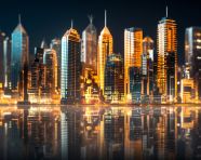 Glowing skyscrapers shape the modern cityscape backdrop, seo stock images for marketing campaigns