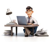 A photo of a business man character is busy working in front of laptop om the table, cartoon character and illustration