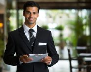A photo of a young businessman with clipboard, free ai prompts for hr