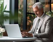 A photo of a senior businessman working on a laptop in room, free ai prompts for hr