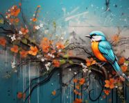 An orange birds with orange flowers painted on a wall, free ai prompts and images floral photo backdrops