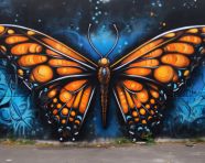 A graffiti wall with an orange and bright blue butterfly, free ai prompts and images floral photo backdrops