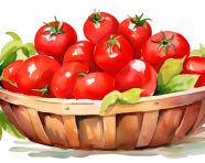 A photo of a full watercolor tomatoes basket, free ai prompts for food clip art