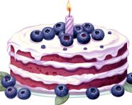A photo of a watercolor blueberry fruit birthday cake clip art, free ai prompts for food clip art