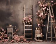 An empty black ladder with a vase of flowers in between, free ai prompts and images floral photo backdrops