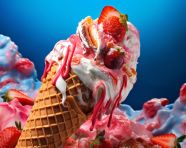 Cornet ice cream with a strawberry scoop on a colorful surface, free ai prompts for ice cream scoop