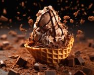 A photo of a chocolate ice cream dessert, free ai prompts for ice cream scoop