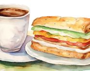 A photo of a watercolor clipart of a sandwich and a cup of coffee, free ai prompts for food clip art