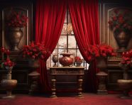 An image shows a red velvet curtained room with ornate urns, free ai prompts and images floral photo backdrops