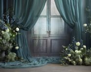 A backdrop with blue curtains and flowers, free ai prompts and images floral photo backdrops