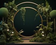 An upside down circular frame with plants on it 3d rendering, free ai prompts and images floral photo backdrops