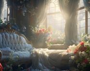 A room with a white curtain, free ai prompts and images floral photo backdrops